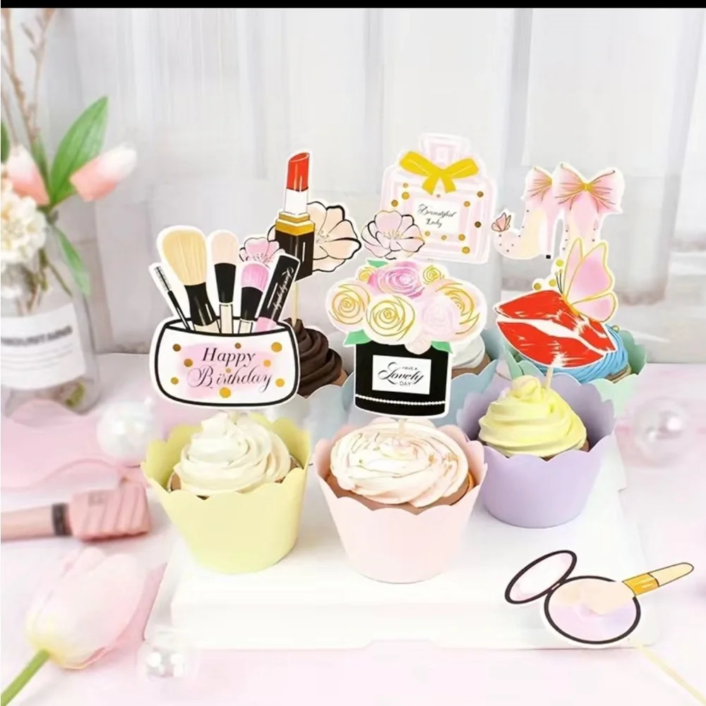 Happy bday makeup themed, cake or cup cake decoration ( 7 pc)🥳
